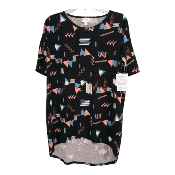 NWT LuLaroe Irma Tunic Black Coral Blue Geometric Design Oversized Size XS - Picture 1 of 6